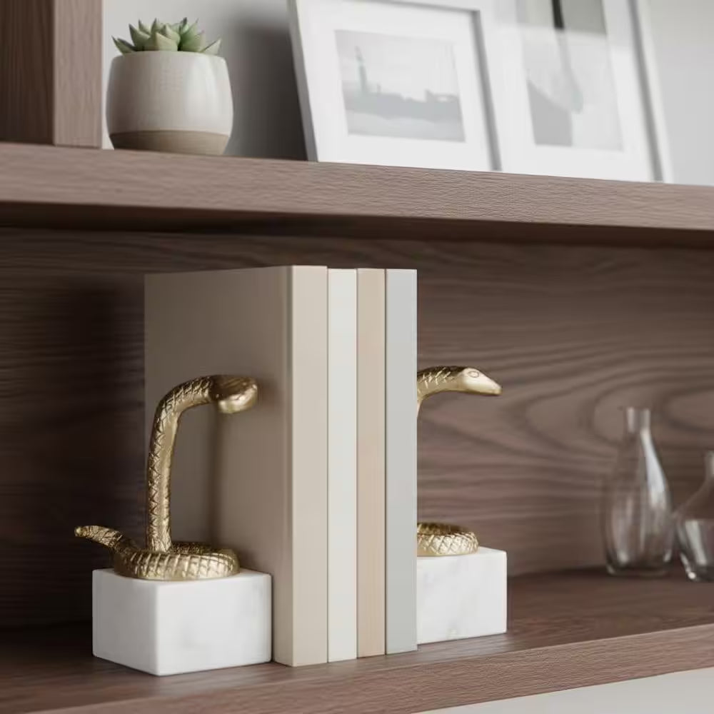 8 In. Gold Metal and Marble Novelty Snake Bookends (Set of 2)