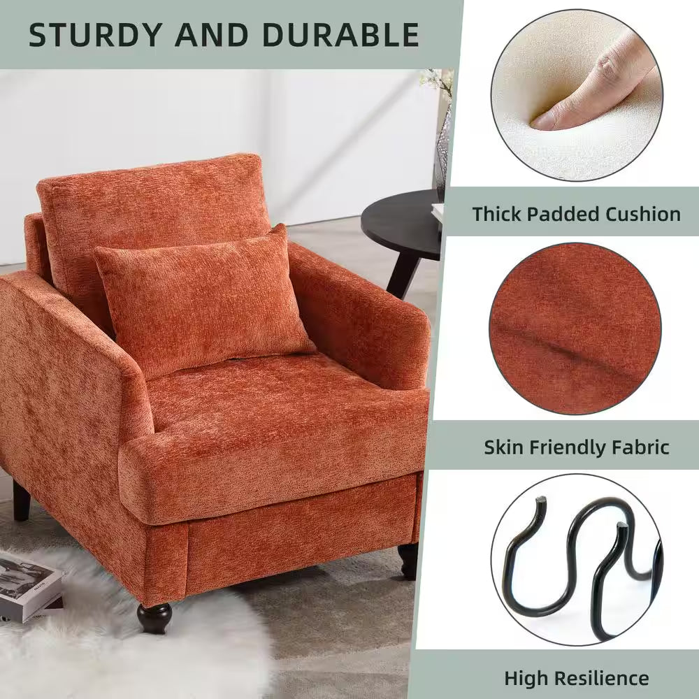 Modern Oversized Orange Chenille Wood Frame Upholstered Accent Armchair