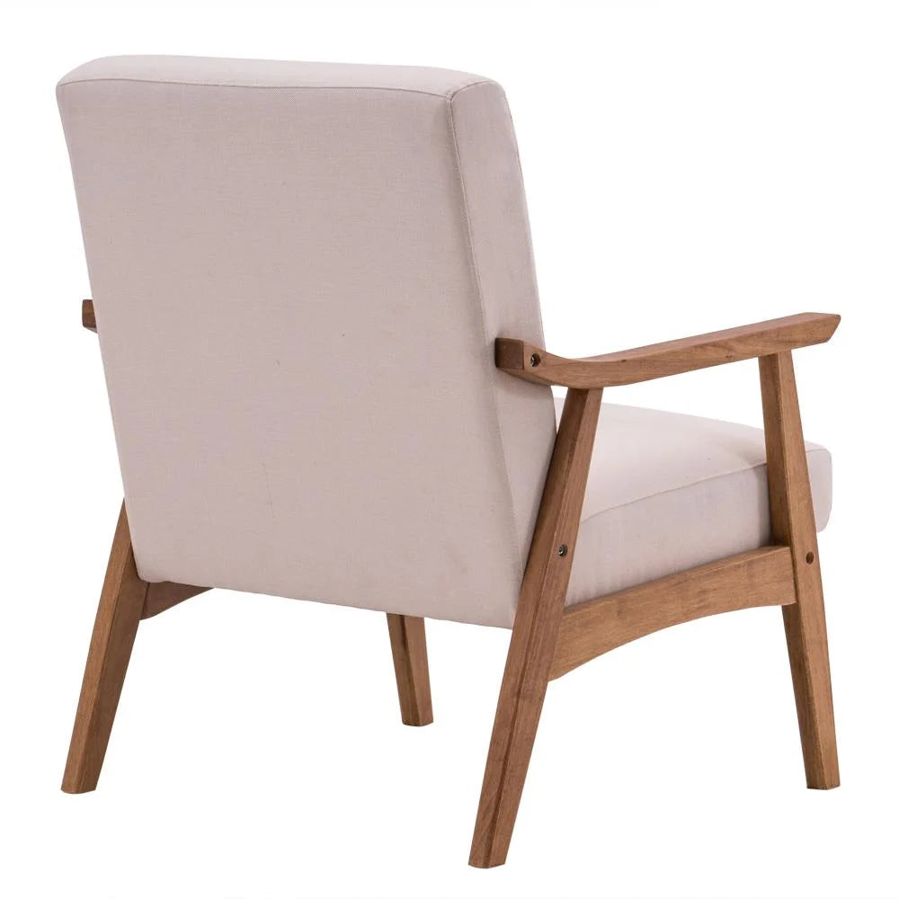 Mid-Century Modern Arm Chair with Solid Wood Frame, Linen Fabric Lounge Chair Club Chair,Beige