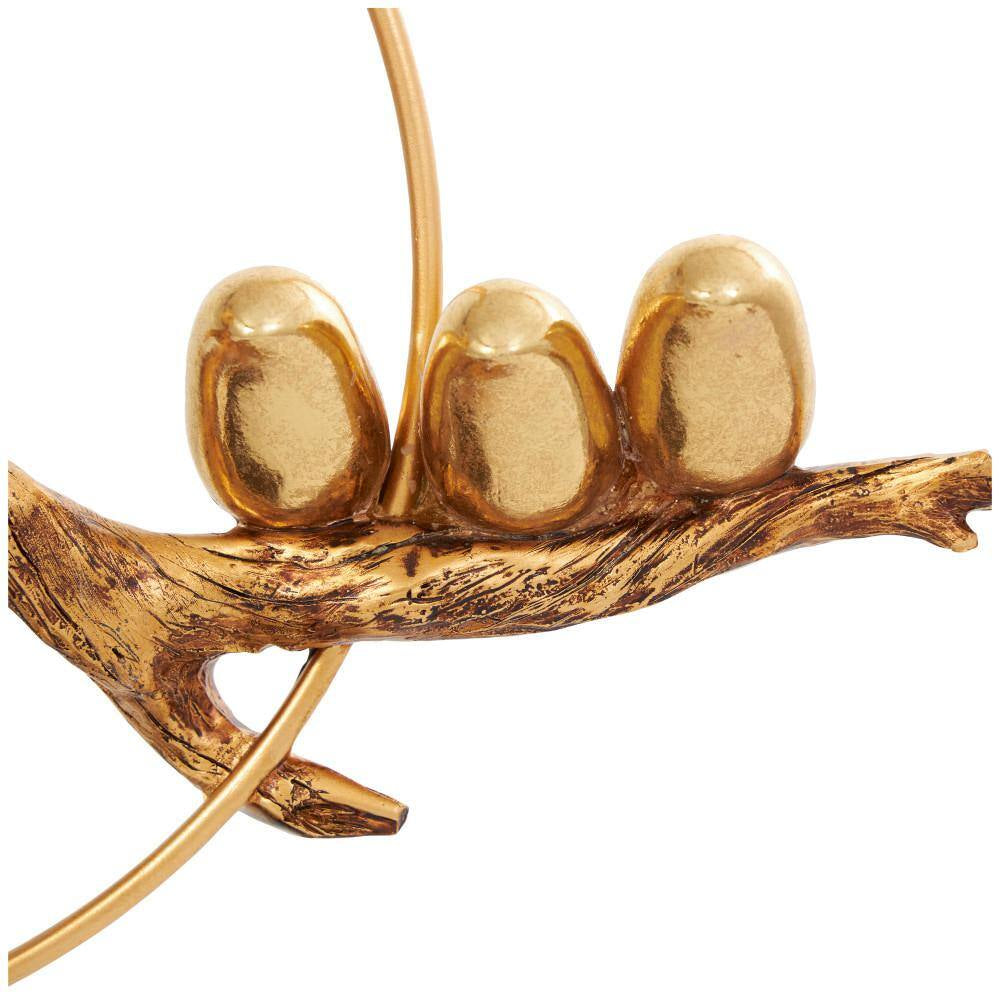 Gold Poly Stone Family on a Branch Bird Sculpture with Brown Block Base