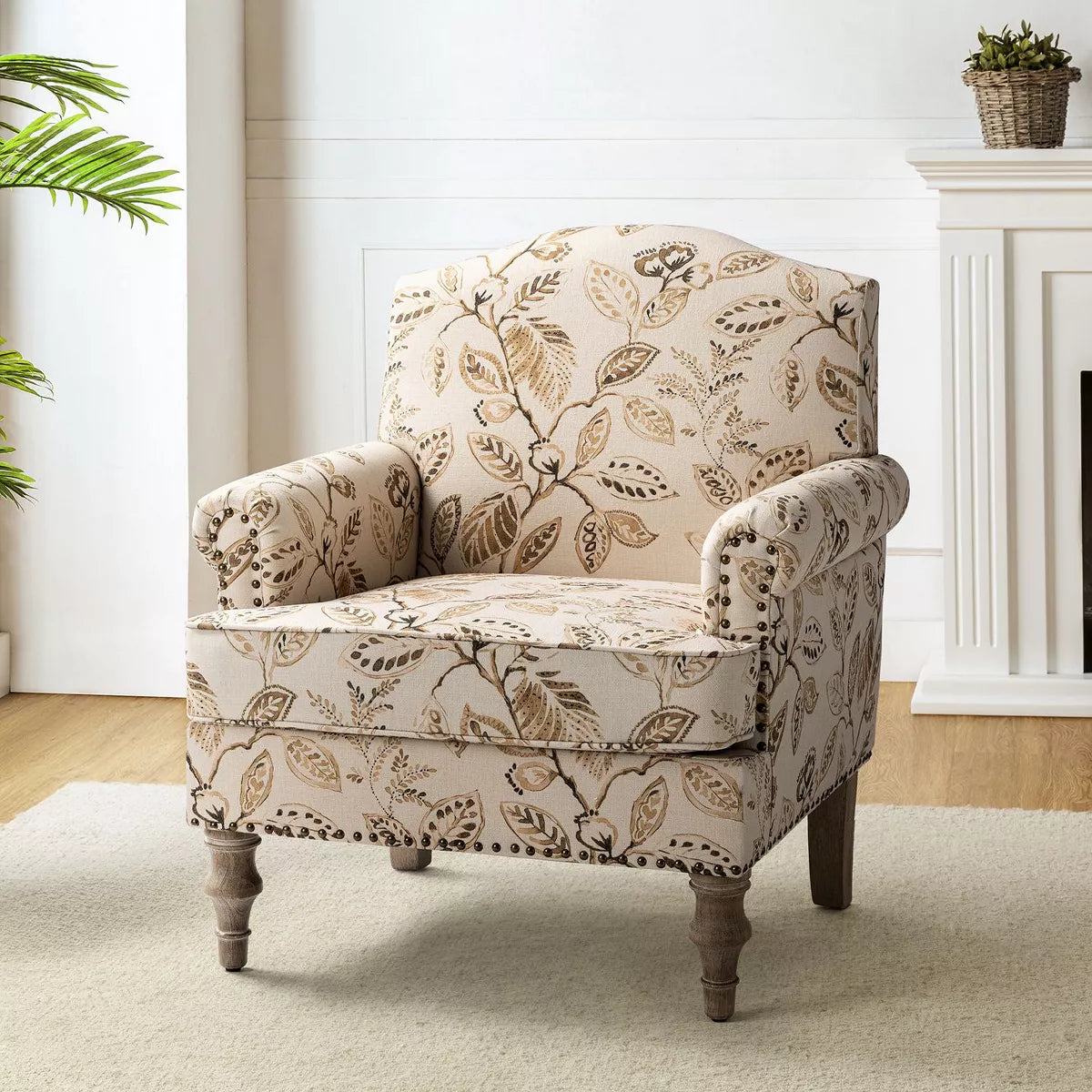 Yahweh Transitional Wooden Upholstered Floral Pattern Design Armchair with Panel Arms and Camelback| ART of LIVING DESIGNS