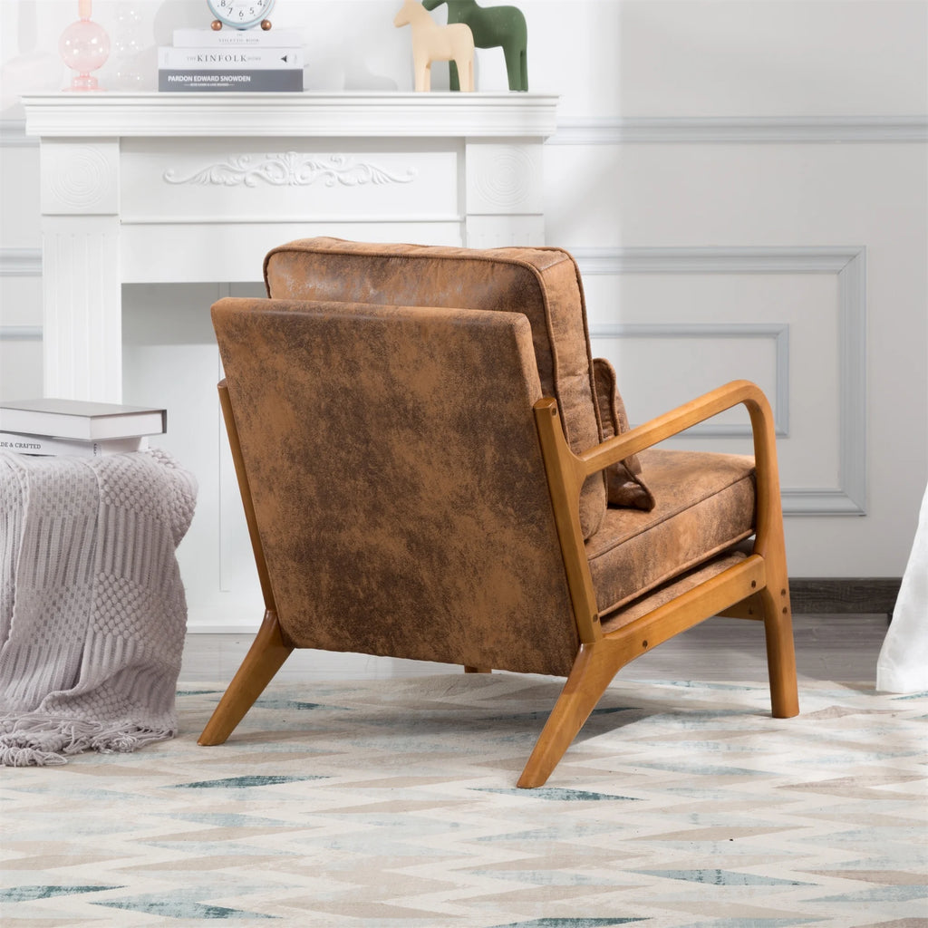 Mid Century Modern Accent Chair W/ Lumbar Pillow for Living Room, Wood Frame, Leather, Brown