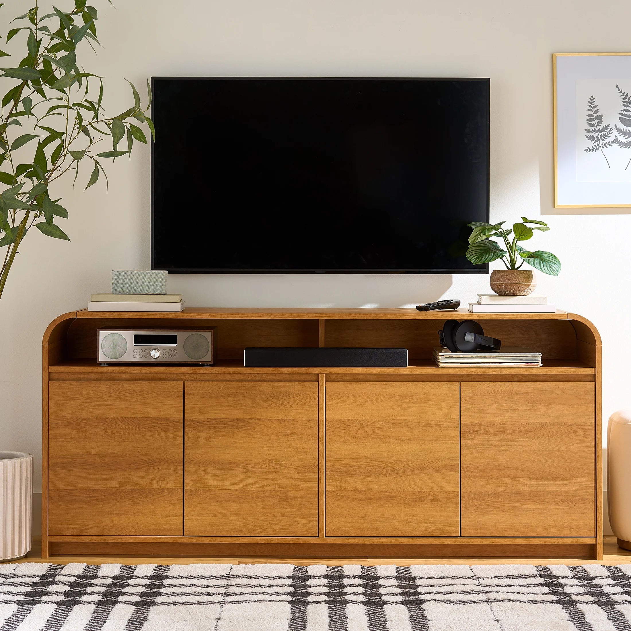 Juliet Curved TV Stand for Tvs up to 75", Light Honey Finish
