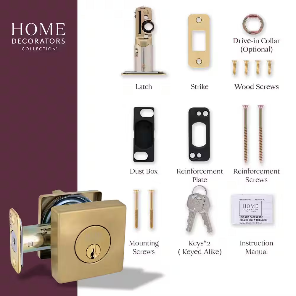 Square Brushed Gold Single Cylinder Deadbolt Featuring Dual Keyway