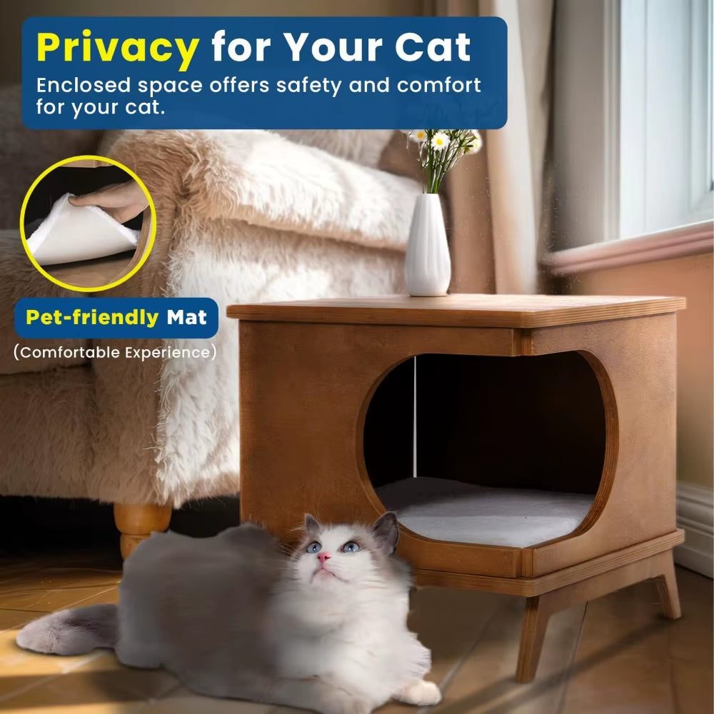 Wooden Cat Bed End Table – 15.7"X15.3"X15.7" Modern Cat Furniture for Bedroom & Living Room – Nightstand Pet House with Removabl