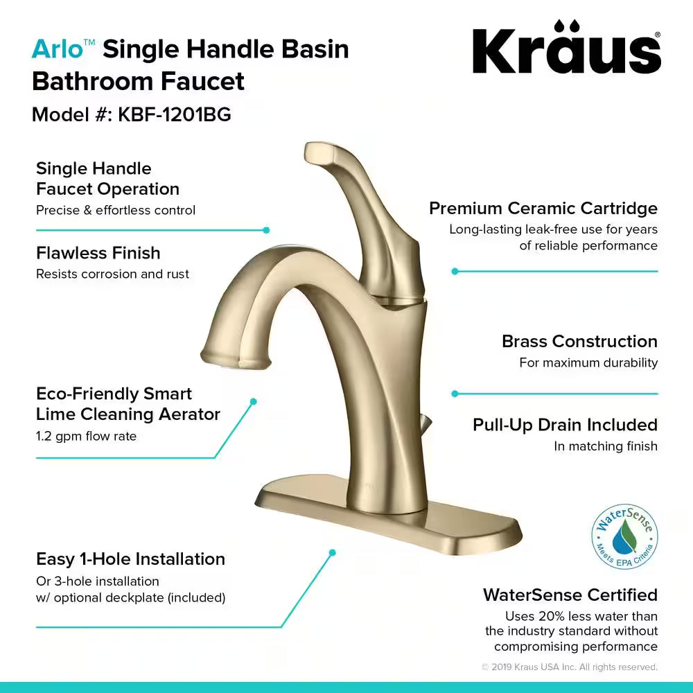 Arlo Brushed Gold Basin Bathroom Faucet with Lift Rod Drain and Deck Plate