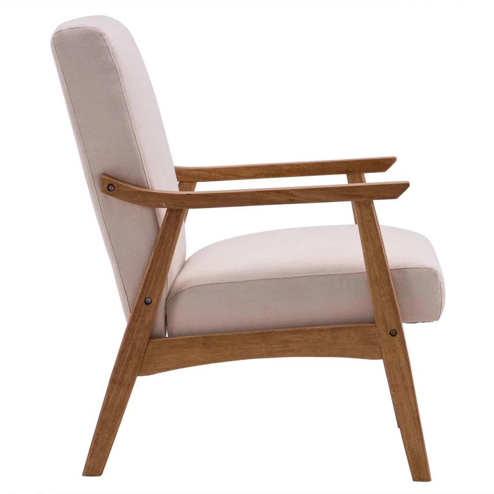 Mid-Century Modern Arm Chair with Solid Wood Frame, Linen Fabric Lounge Chair Club Chair,Beige