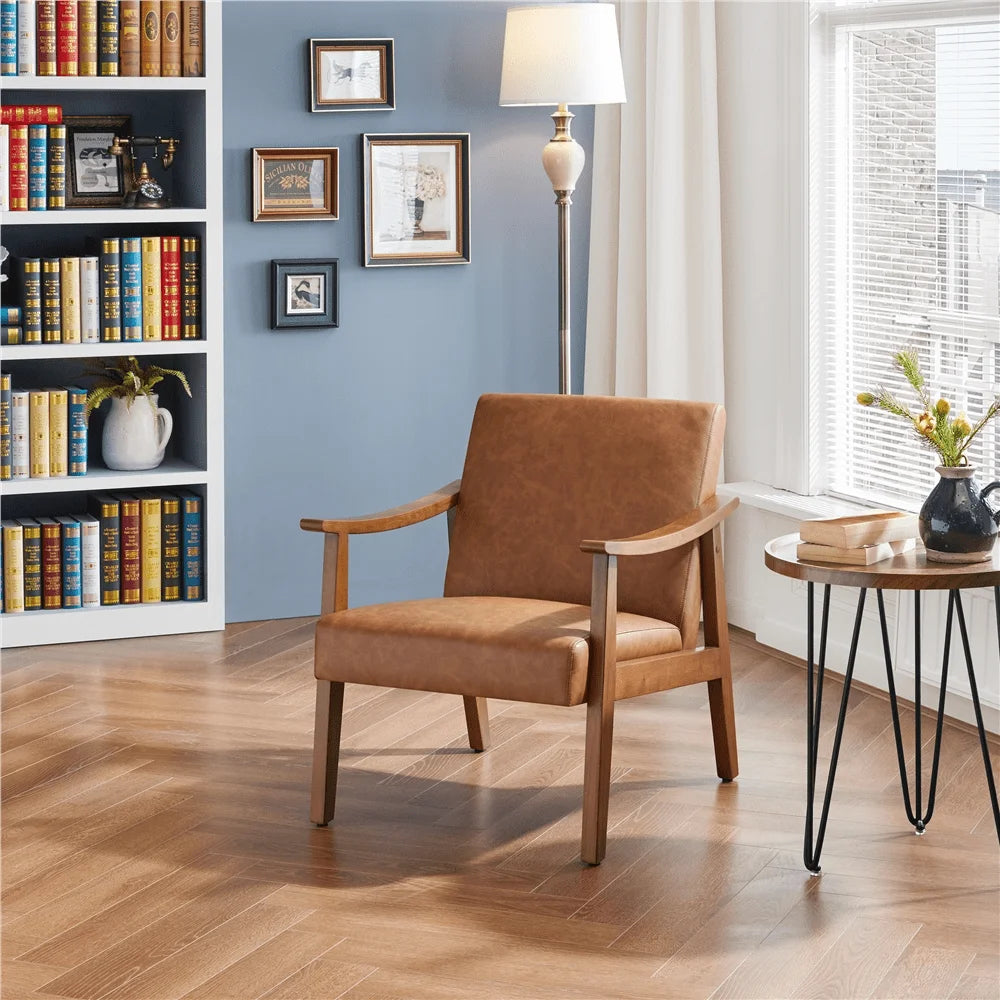 2Pcs Mid-Century Upholstered Faux Leather Armchair with Solid Wood Legs, Light Brown