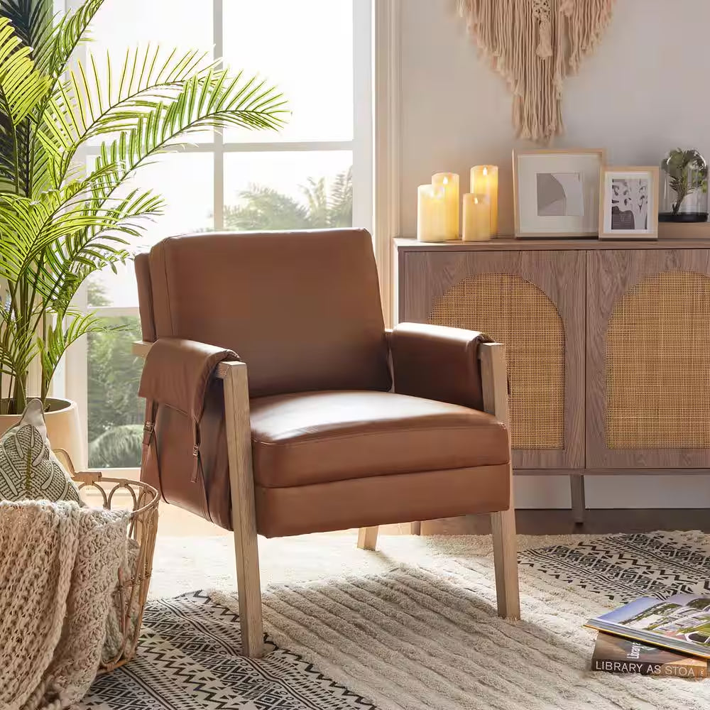 Marian Camel Comfort Faux Leather Armchair with Solid Wood Frame