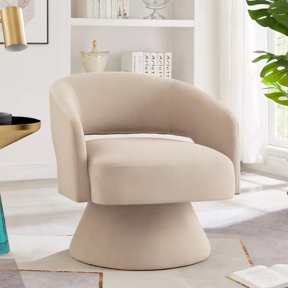 Beige Velvet Modern Swivel Barrel Chair Upholstered Accent Armchair Swivel Chair Lounge Chair with Open Backrest