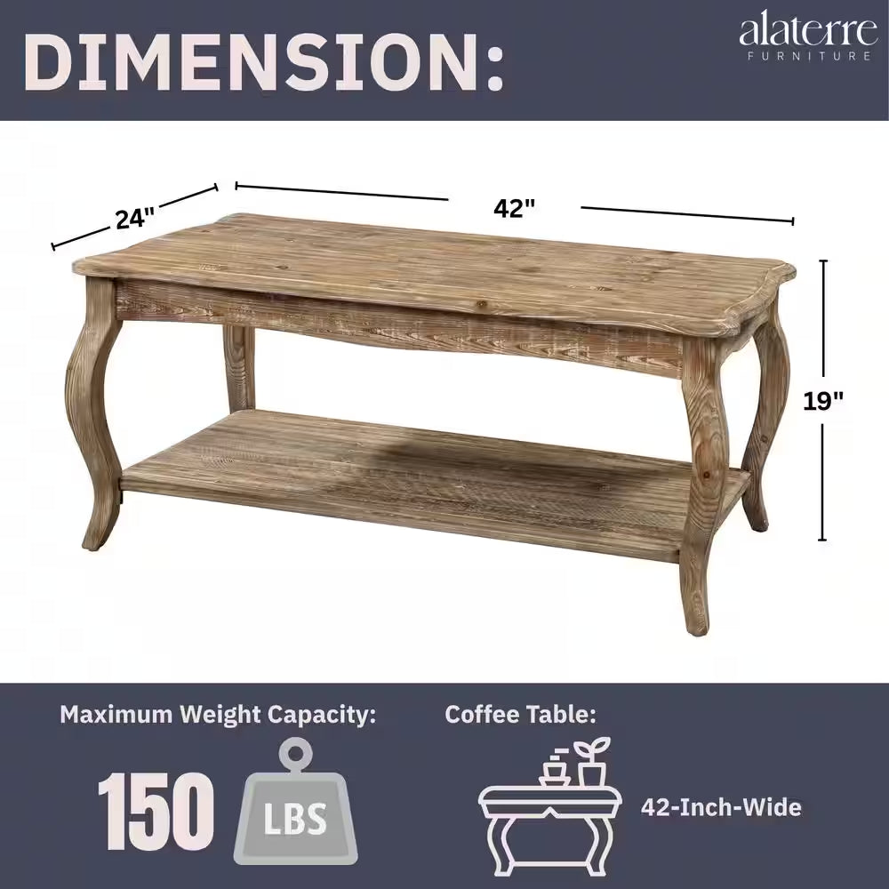 Rustic 42 In. Rectangle Wood Coffee Table with Open Shelf and Curved Legs, Driftwood Finish Farmhouse Furniture