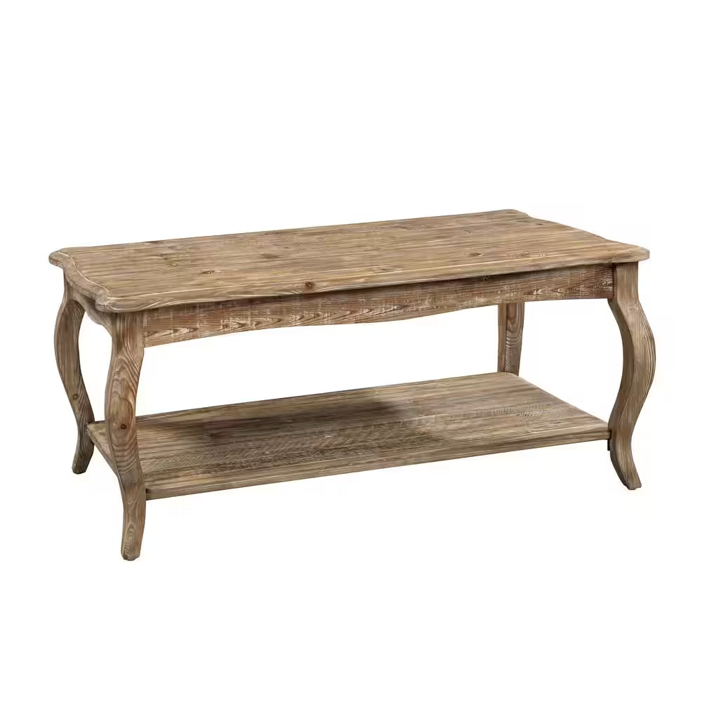 Rustic 42 In. Rectangle Wood Coffee Table with Open Shelf and Curved Legs, Driftwood Finish Farmhouse Furniture