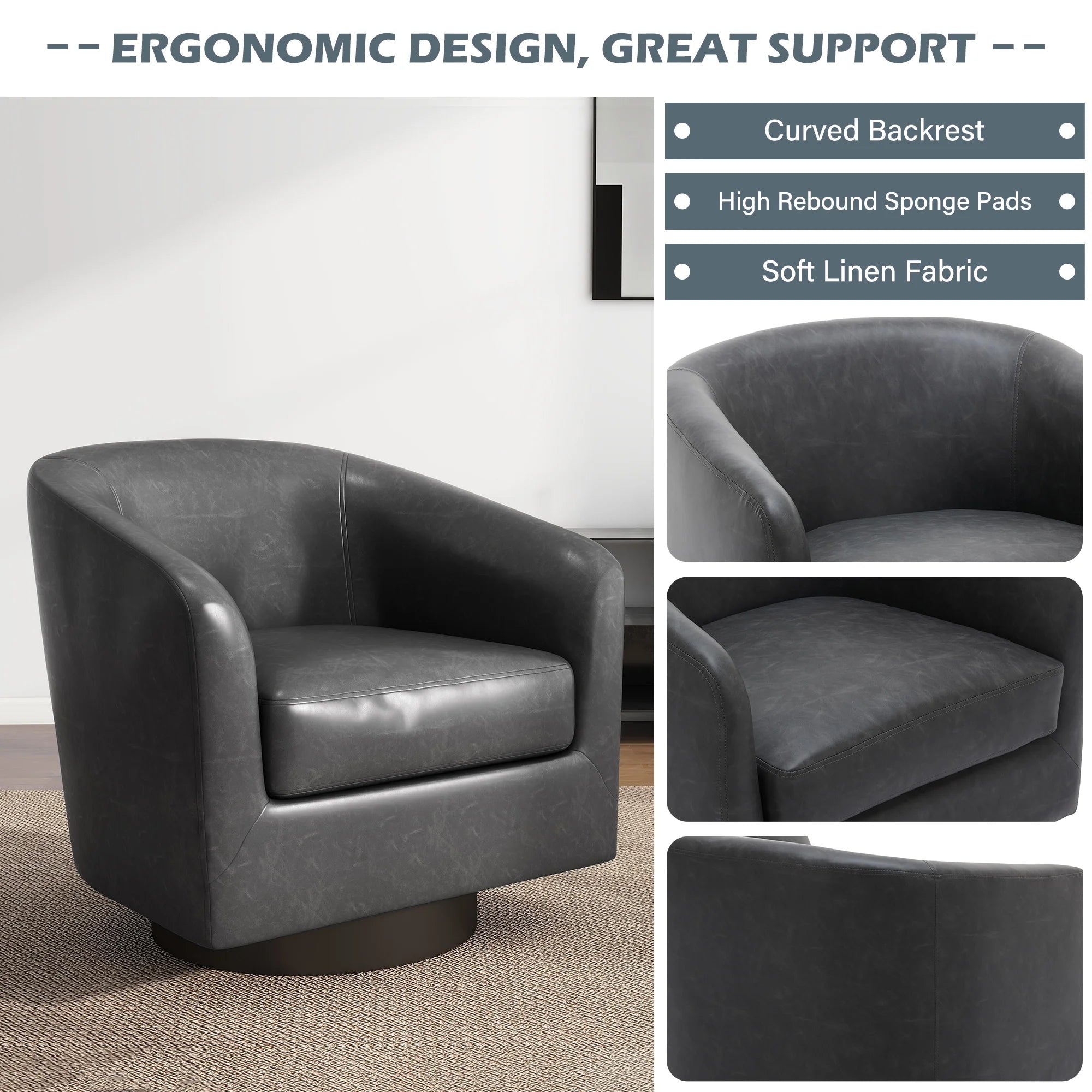 PU Leather Swivel Accent Chairs, Modern Upholstered Barrel Club Chair for Living Room, round Armchair Single Sofa, Black