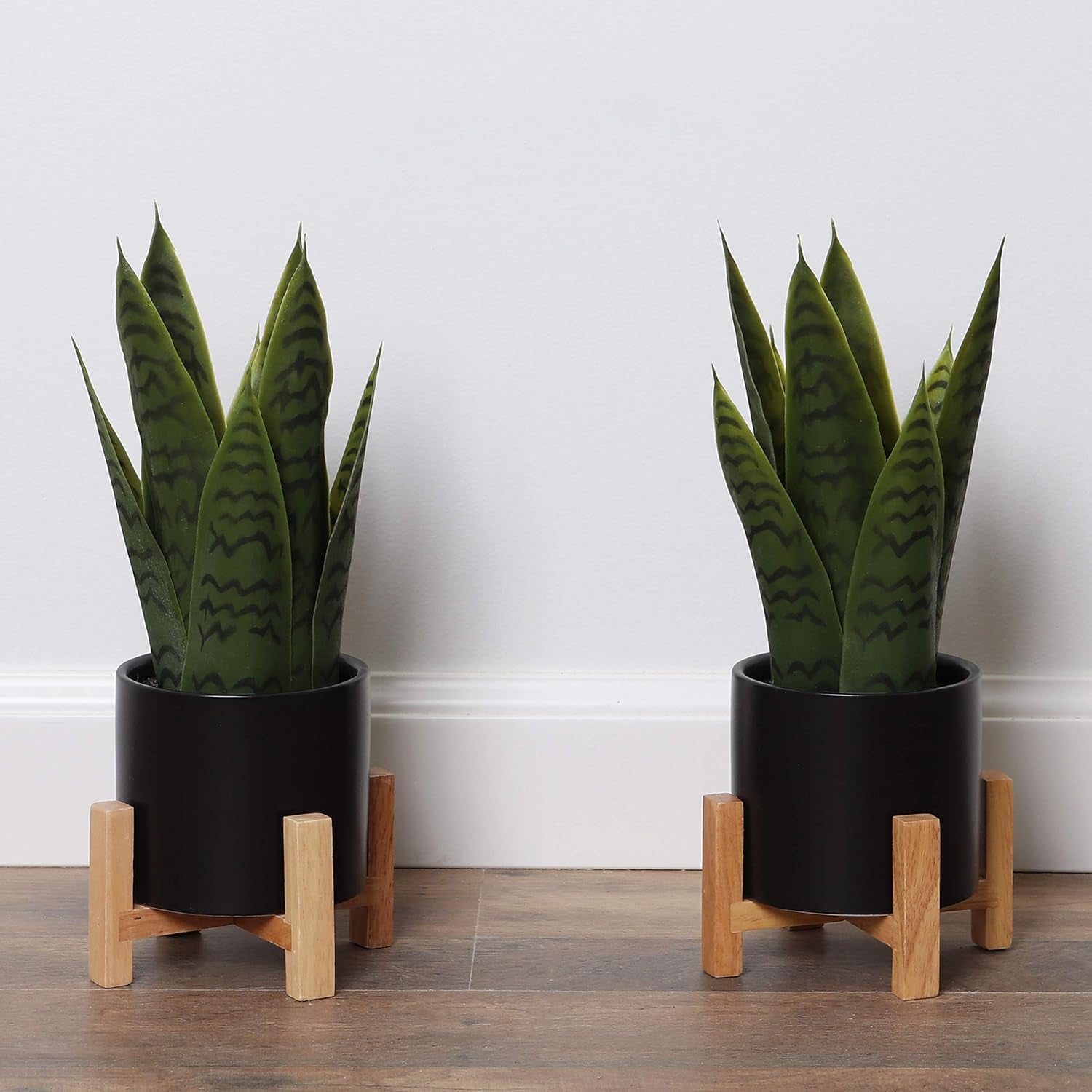 Artificial Snake Plant with Mid Century Plant Stand - Sansevieria Plant in Modern Planter - Artificial Plants with Indoor Plant Stand - Faux House Plants (Small / 2 Pack)