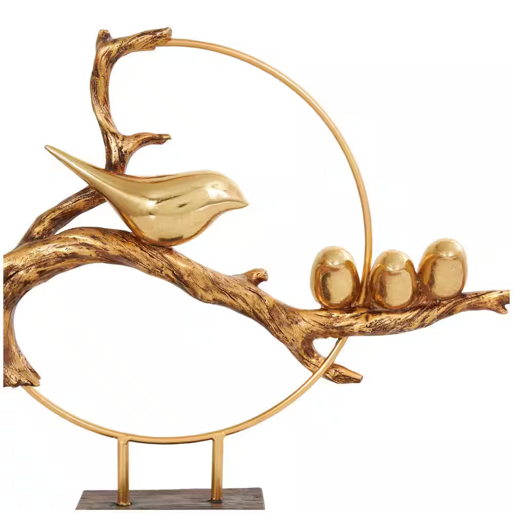 Gold Poly Stone Family on a Branch Bird Sculpture with Brown Block Base