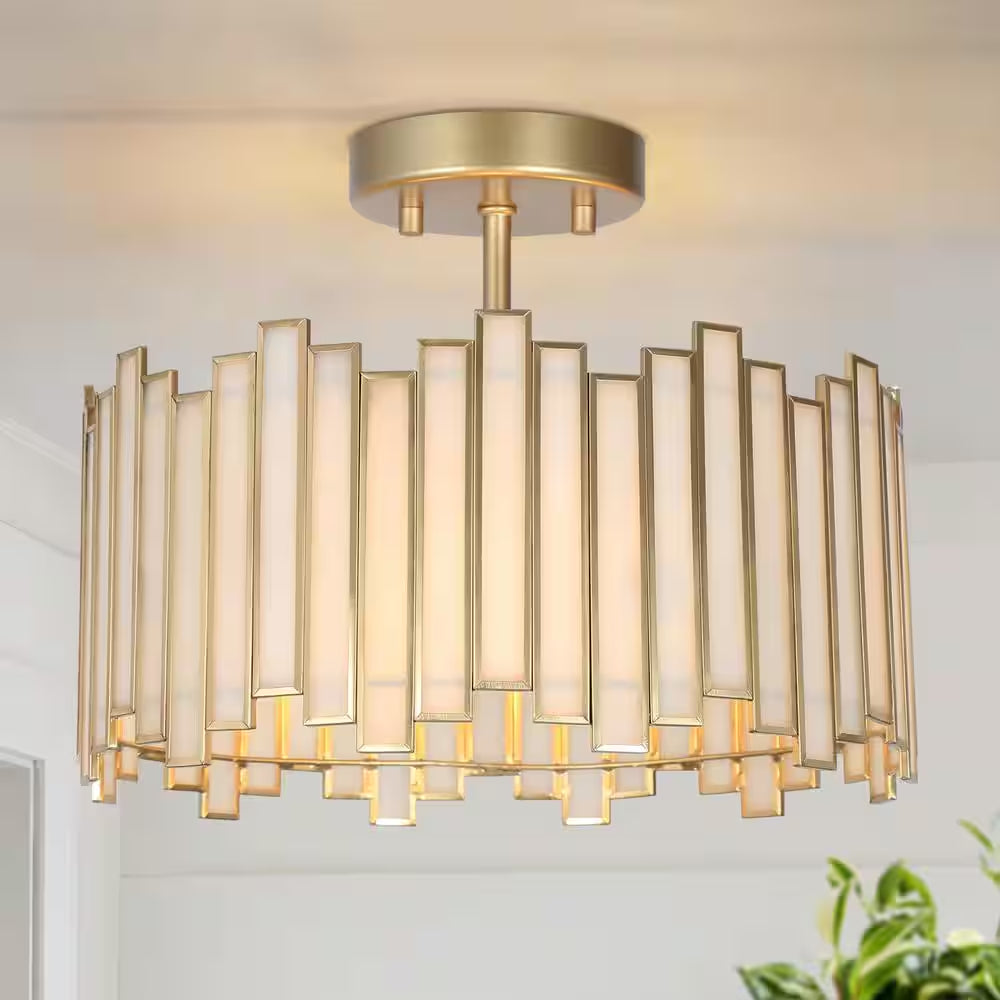 Modern 12.5 In. 3-Light Gold Drum Semi-Flush Mount with White Stained Glass Shade, LED Compatible
