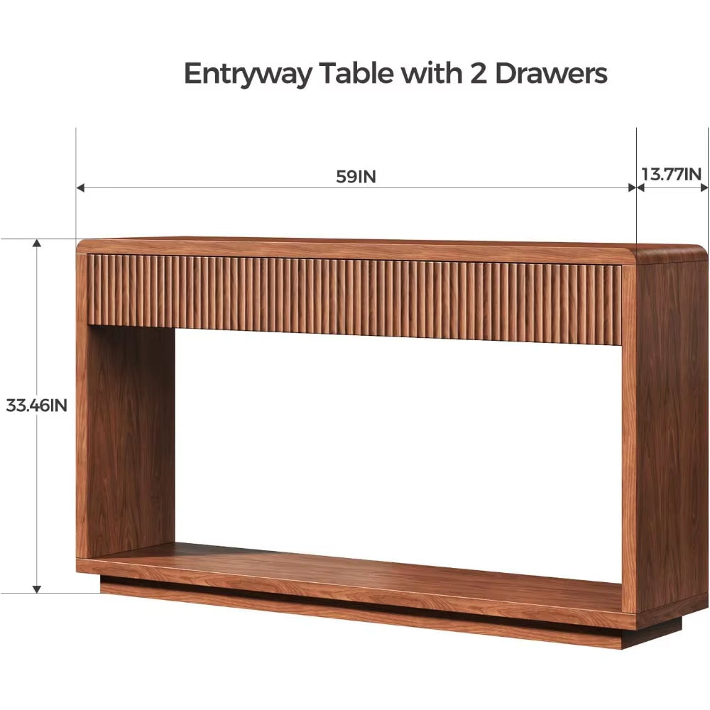 59'' Walnut Entryway Table with Drawers, Fluted Console Table, Mid Century Modern Sofa Table with Storage