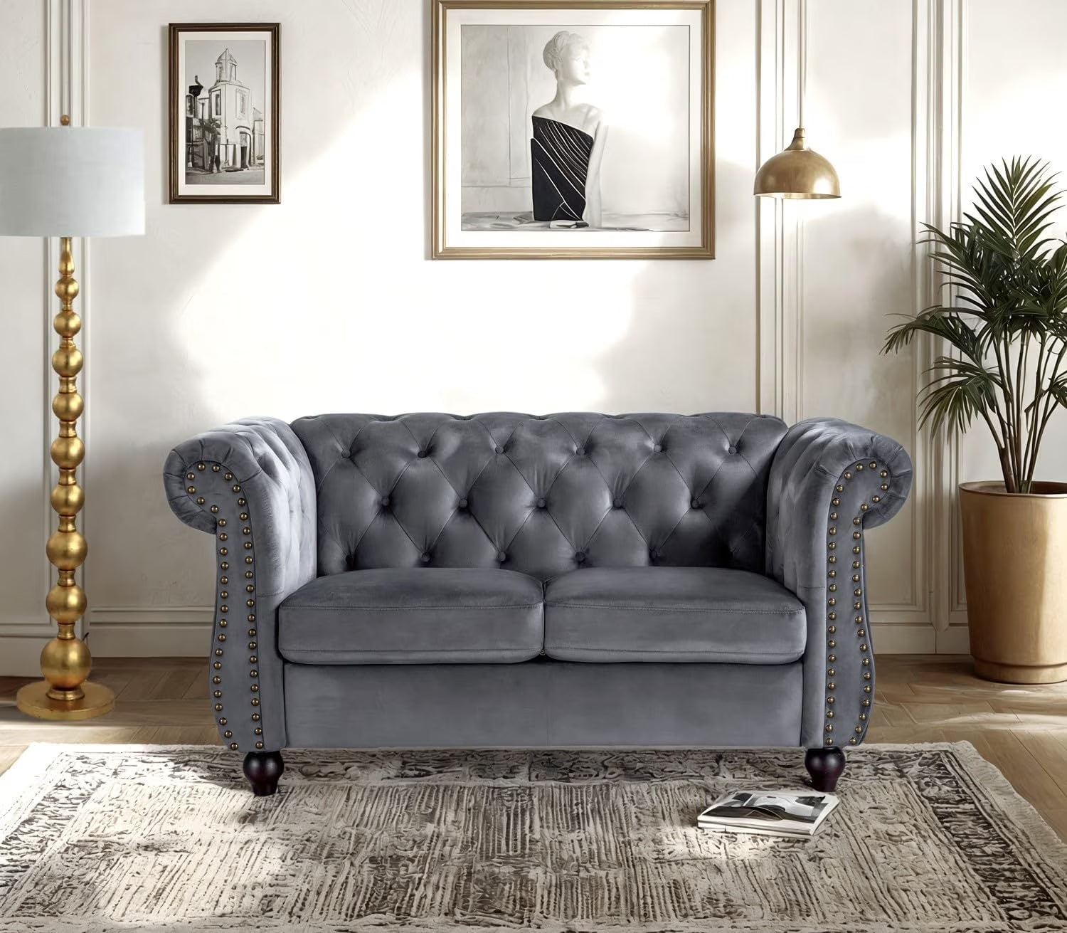 Chester 61 In. Wide Rolled Arm Velvet Modern Straight Living Room Loveseat, Gray