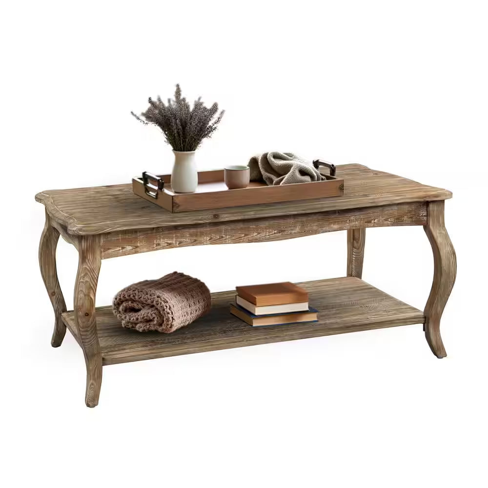 Rustic 42 In. Rectangle Wood Coffee Table with Open Shelf and Curved Legs, Driftwood Finish Farmhouse Furniture