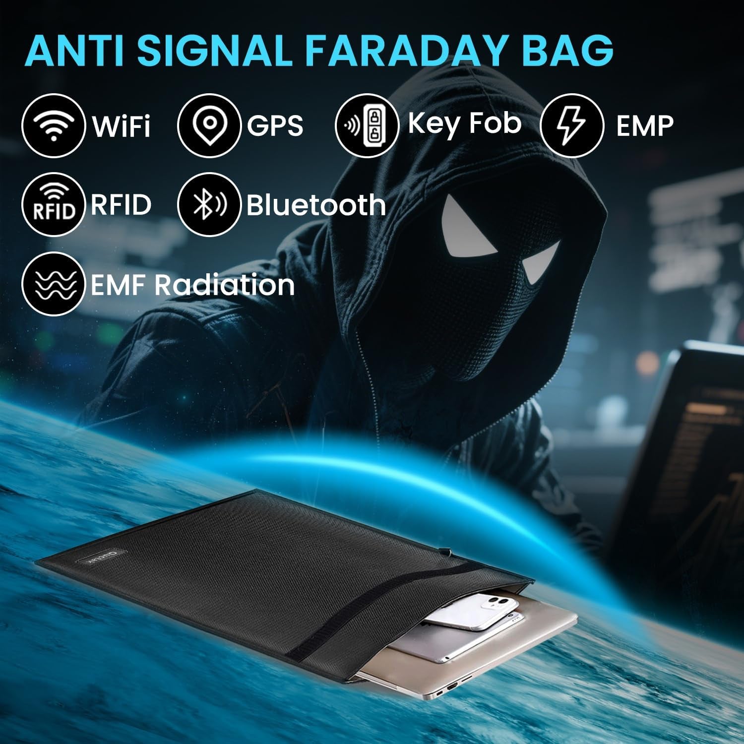 Faraday Bag, Signal Isolation Bag for Phones, Fireproof Shield Pouch, Prevents Hacking,Tracking,And Nfc/Wifi/Bluetooth for Tablets, Phones, Key Fobs (9.8"X11", Black)