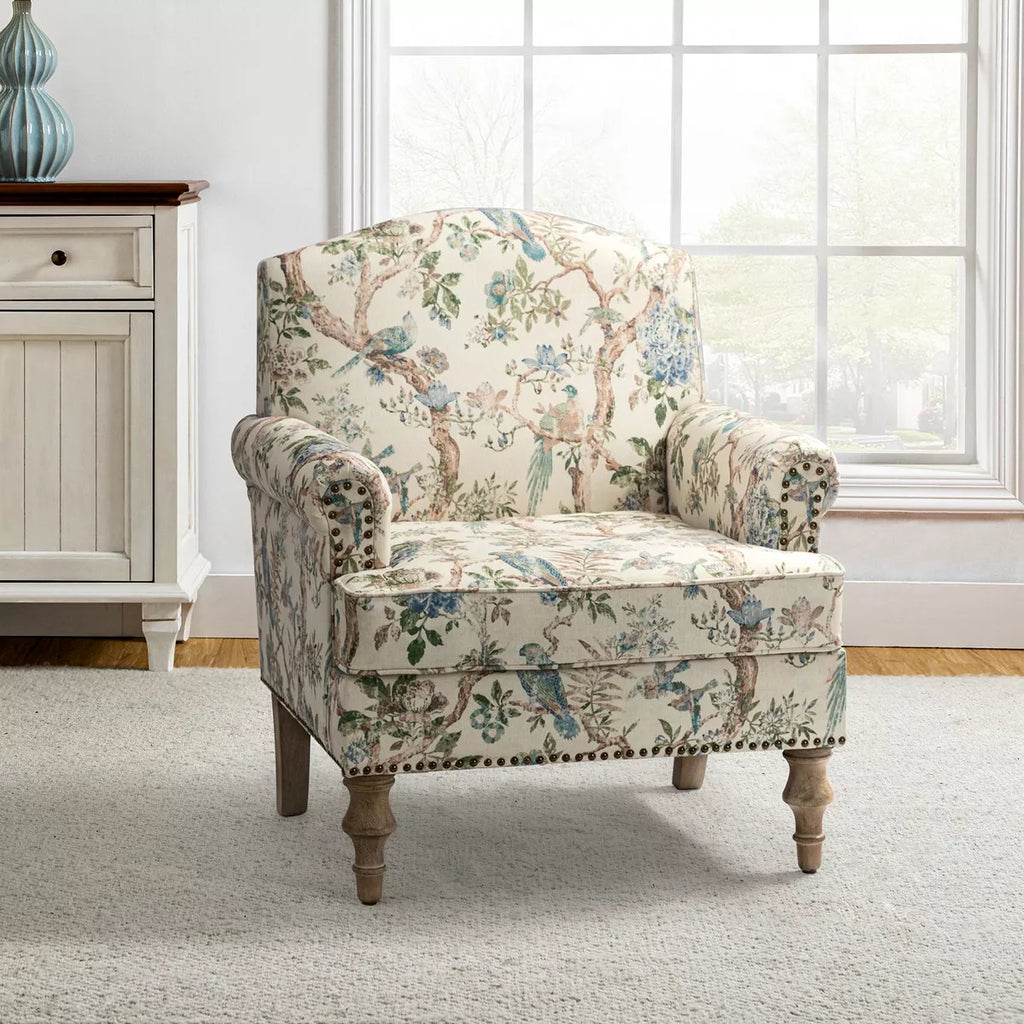Yahweh Transitional Wooden Upholstered Floral Pattern Design Armchair with Panel Arms and Camelback| ART of LIVING DESIGNS