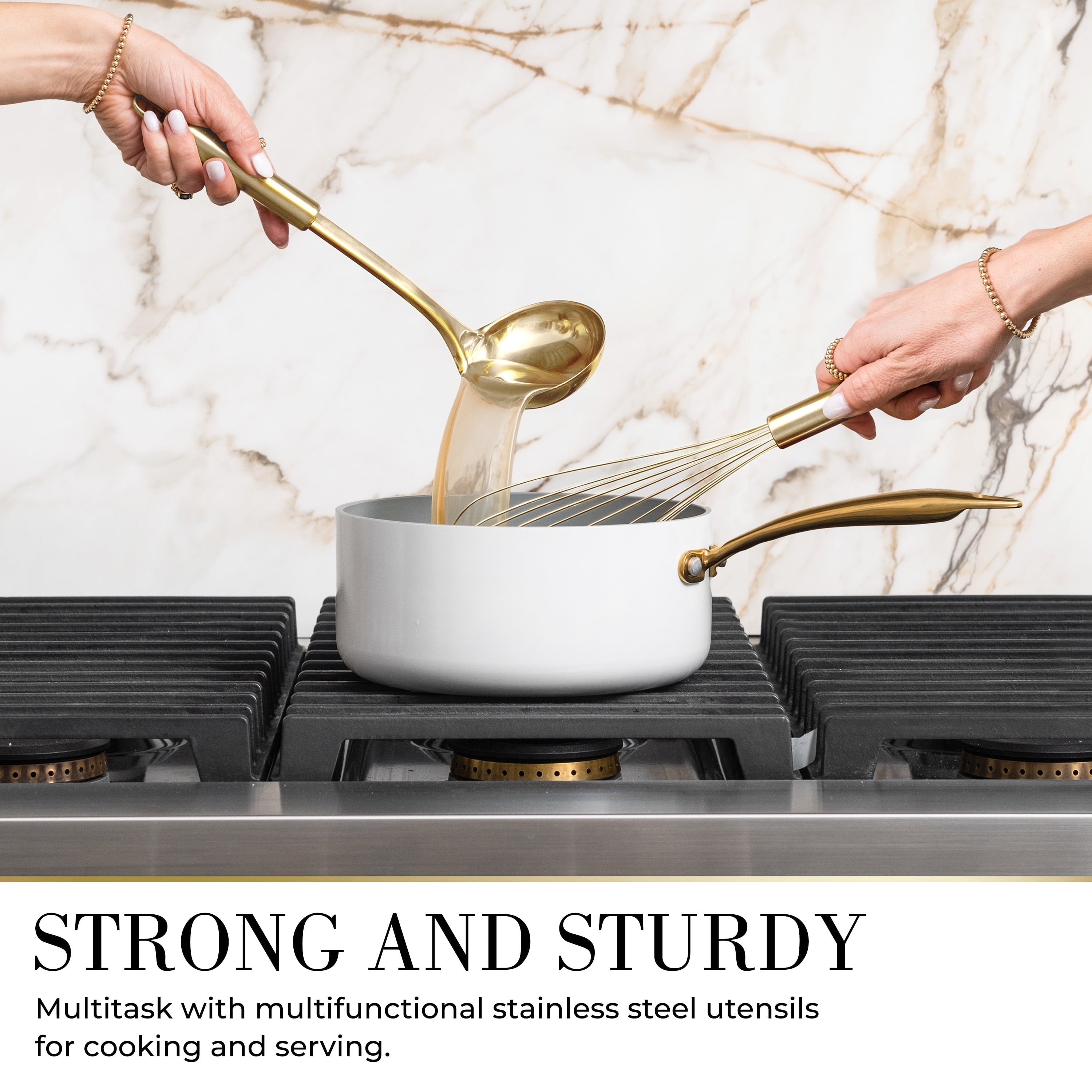 7-Piece Beige & Gold Kitchen Utensils Set – Non-Toxic Silicone & Stainless Steel Tools for Cooking, Serving, & Hosting