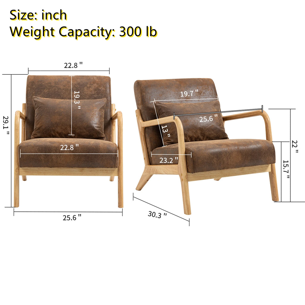 Mid Century Modern Accent Chair W/ Lumbar Pillow for Living Room, Wood Frame, Leather, Brown