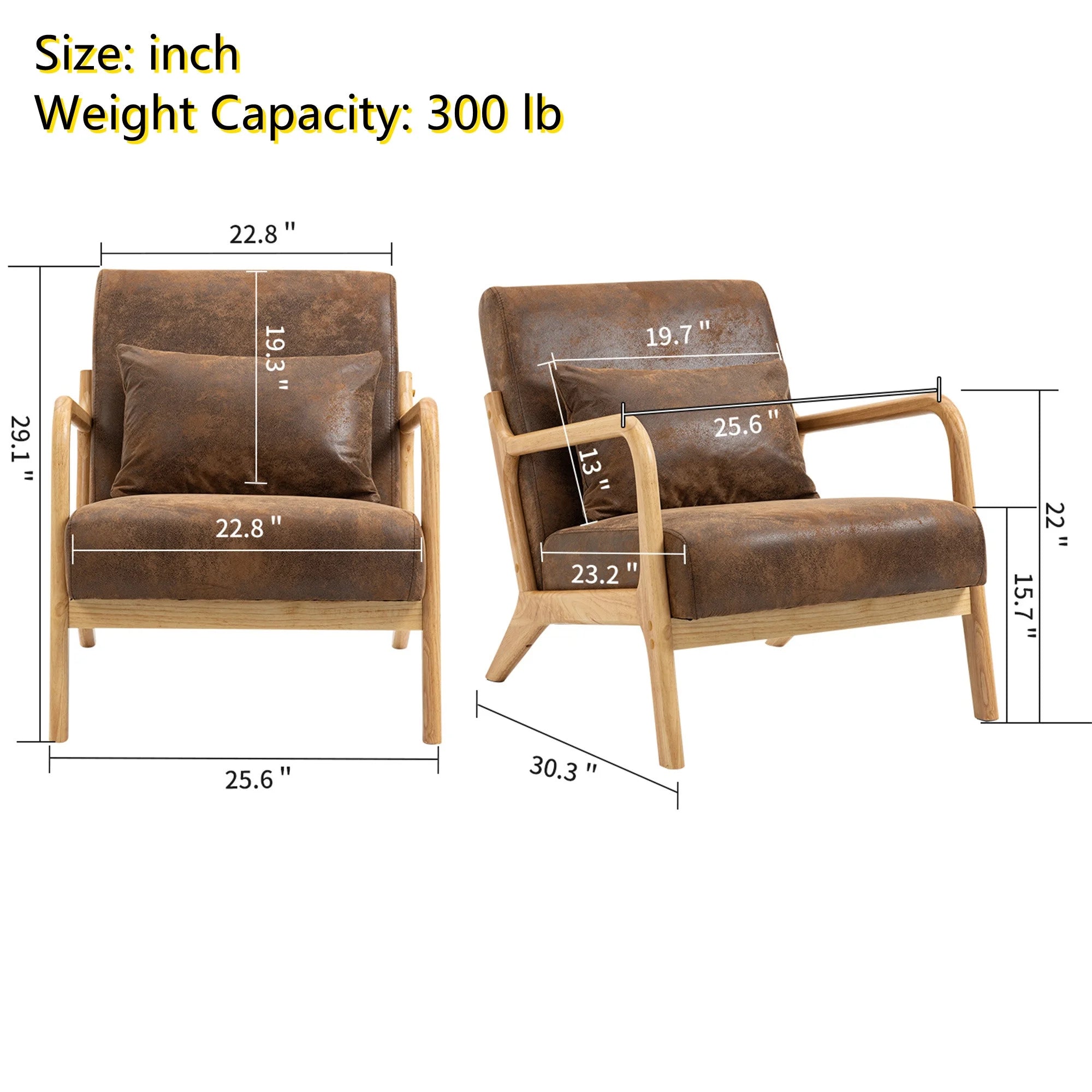 Mid Century Modern Accent Chair W/ Lumbar Pillow for Living Room, Wood Frame, Leather, Brown