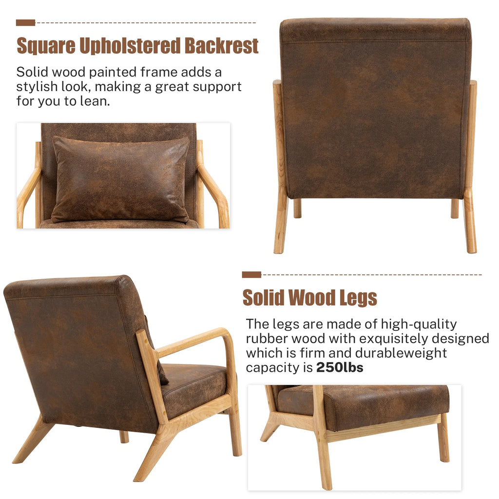 Mid-Century Modern Accent Chair, PU Leather Arm Chair with Wood Frame and Pillow, Upholstered Armchair Comfort Reading Chair Lounge Chair for Living Room Bedroom Sunroom, Brown