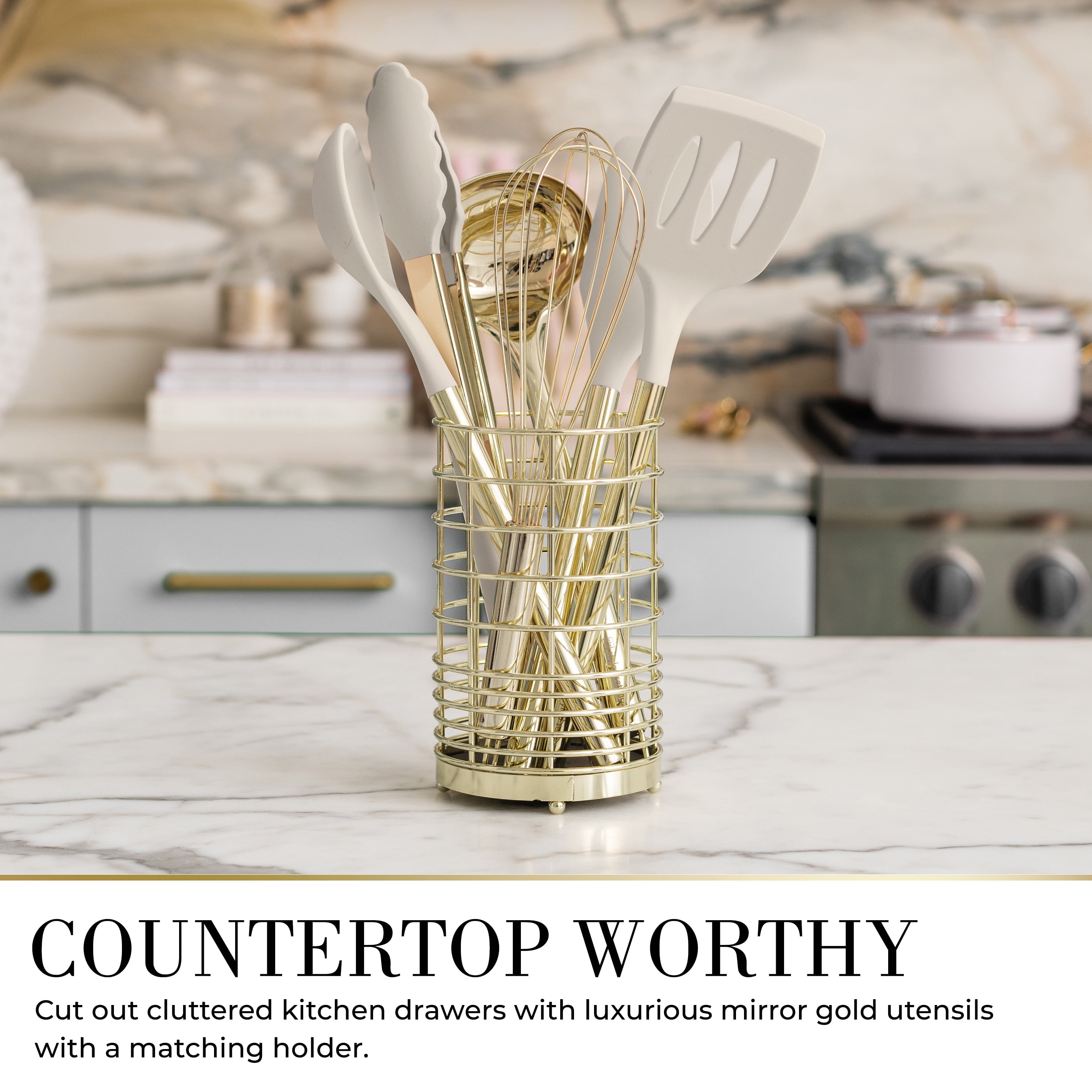 7-Piece Beige & Gold Kitchen Utensils Set – Non-Toxic Silicone & Stainless Steel Tools for Cooking, Serving, & Hosting