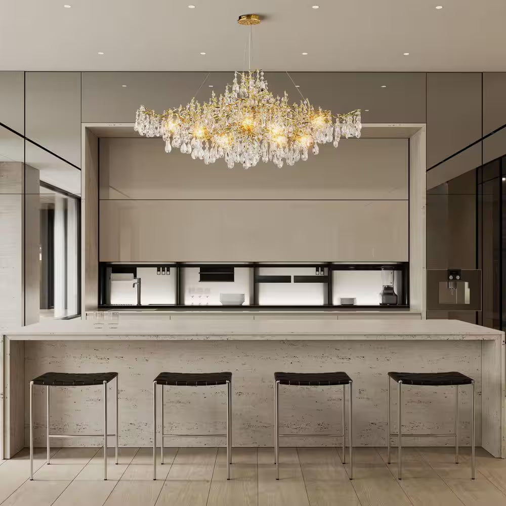 14-Lights Gold Luxury Crystal Linear Chandelier, Modern Tree Branch Chandelier for Dinning Room, Kitchen, Living Room