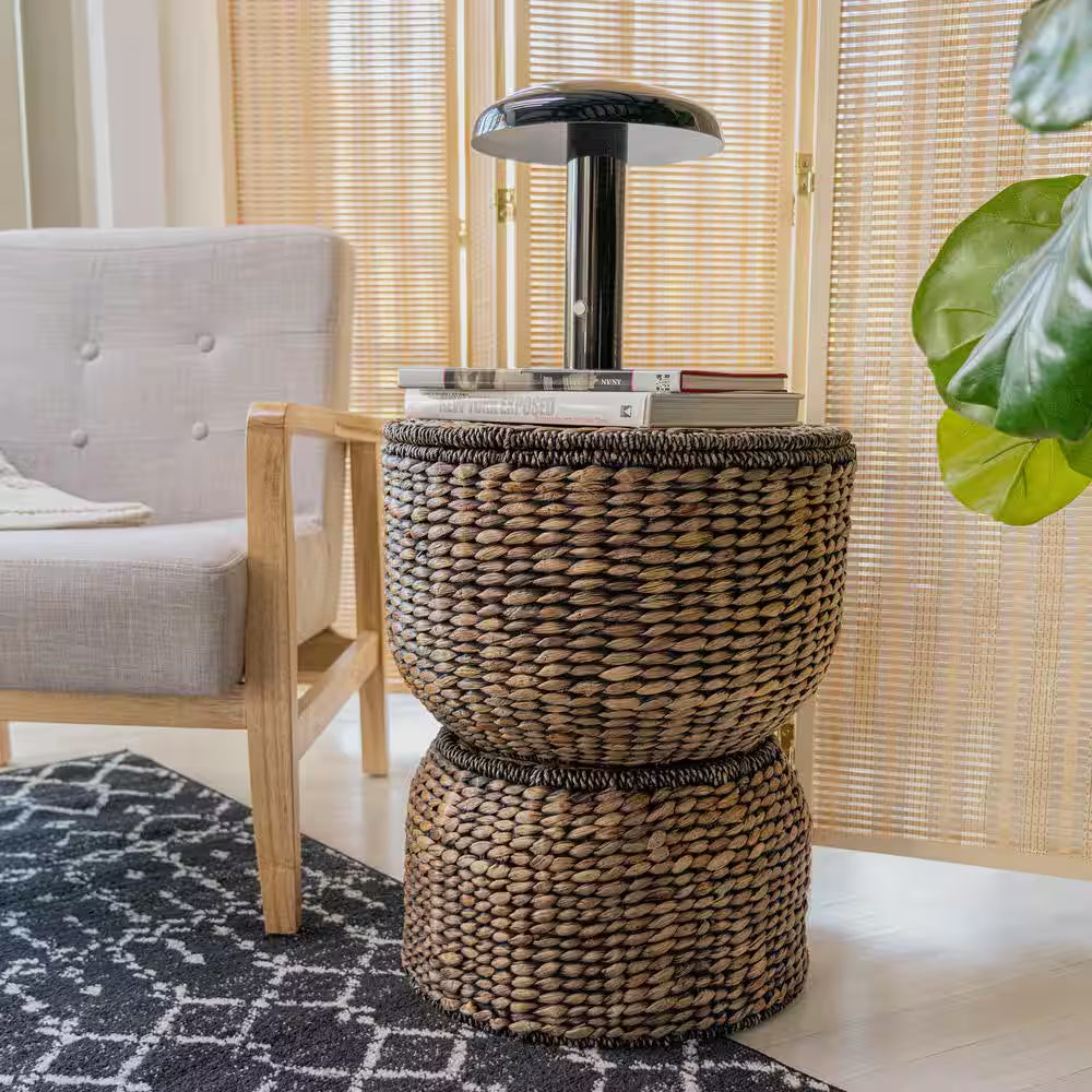 Bhola 18 In. Hourglass Handwoven Hyacinth Storage Accent Table with Lid, Brown Wash