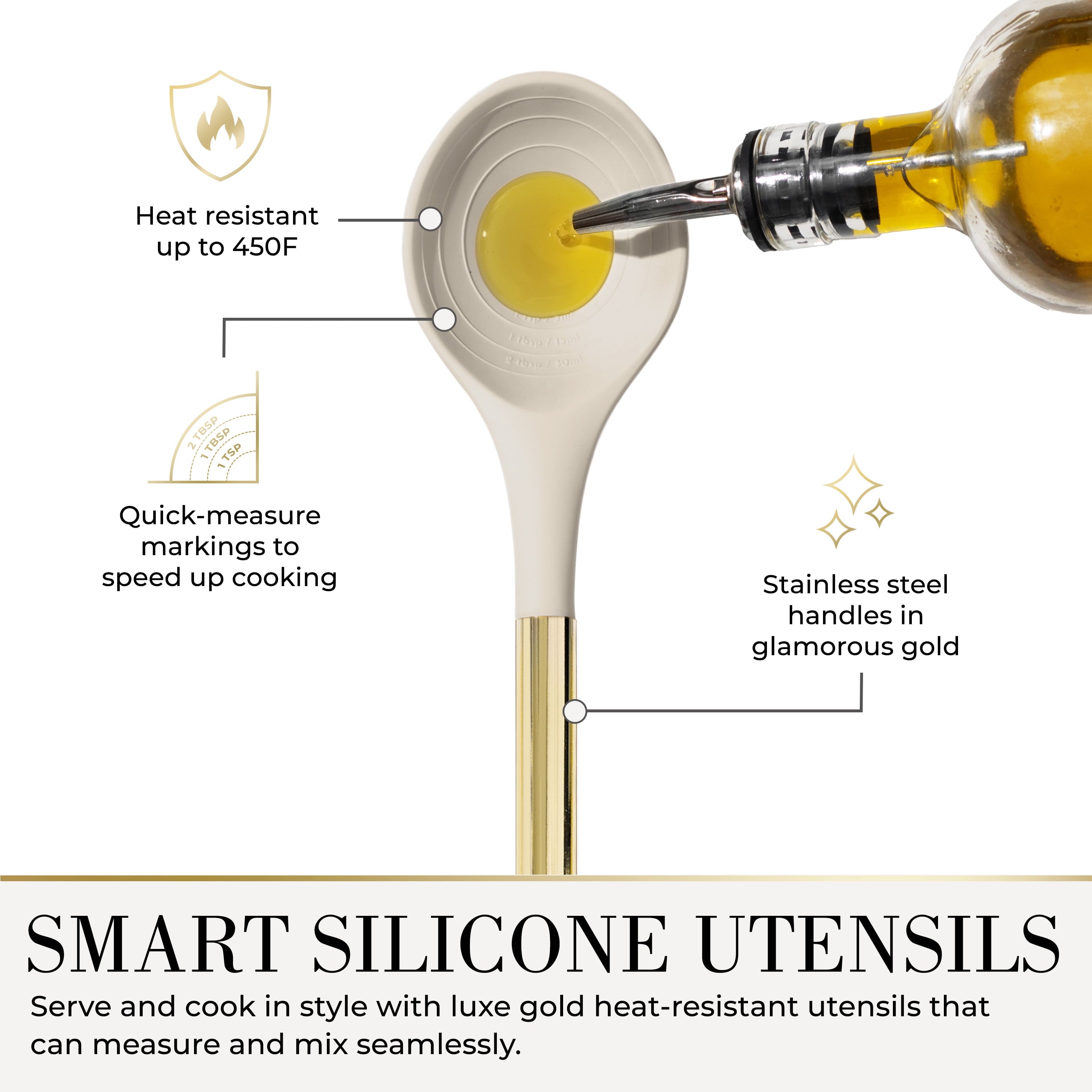 7-Piece Beige & Gold Kitchen Utensils Set – Non-Toxic Silicone & Stainless Steel Tools for Cooking, Serving, & Hosting