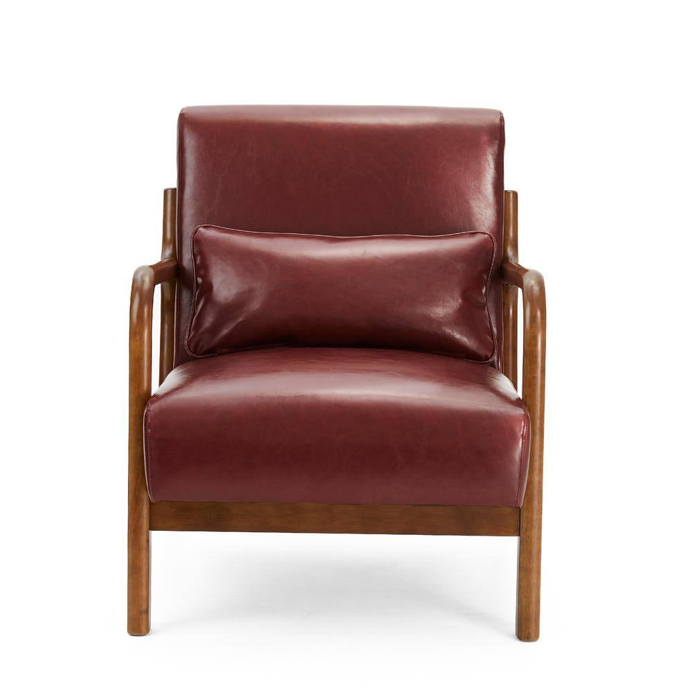 Mid-Century Modern Red Leatherette Accent Armchair with Walnut Ruber Wood Frame (Set of 2)