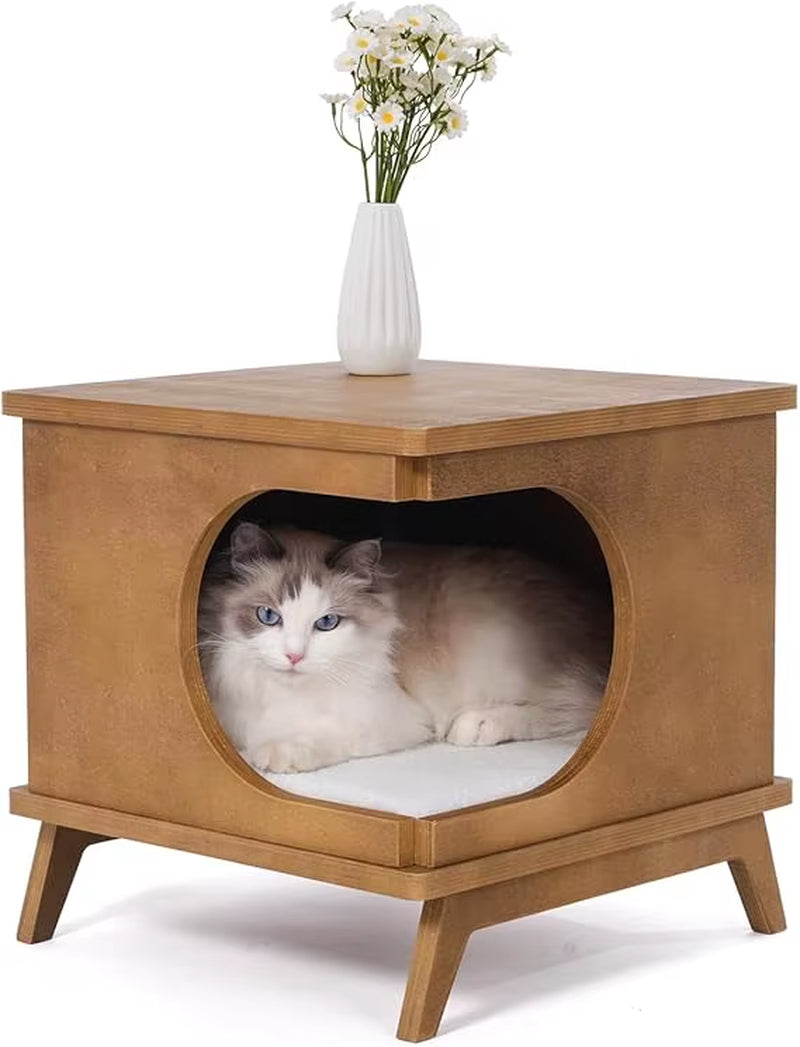 Wooden Cat Bed End Table – 15.7"X15.3"X15.7" Modern Cat Furniture for Bedroom & Living Room – Nightstand Pet House with Removabl