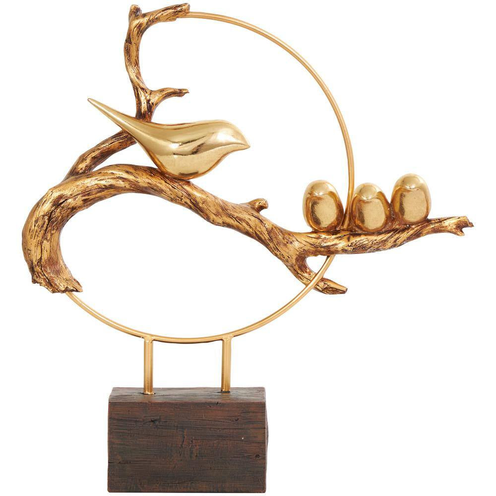Gold Poly Stone Family on a Branch Bird Sculpture with Brown Block Base