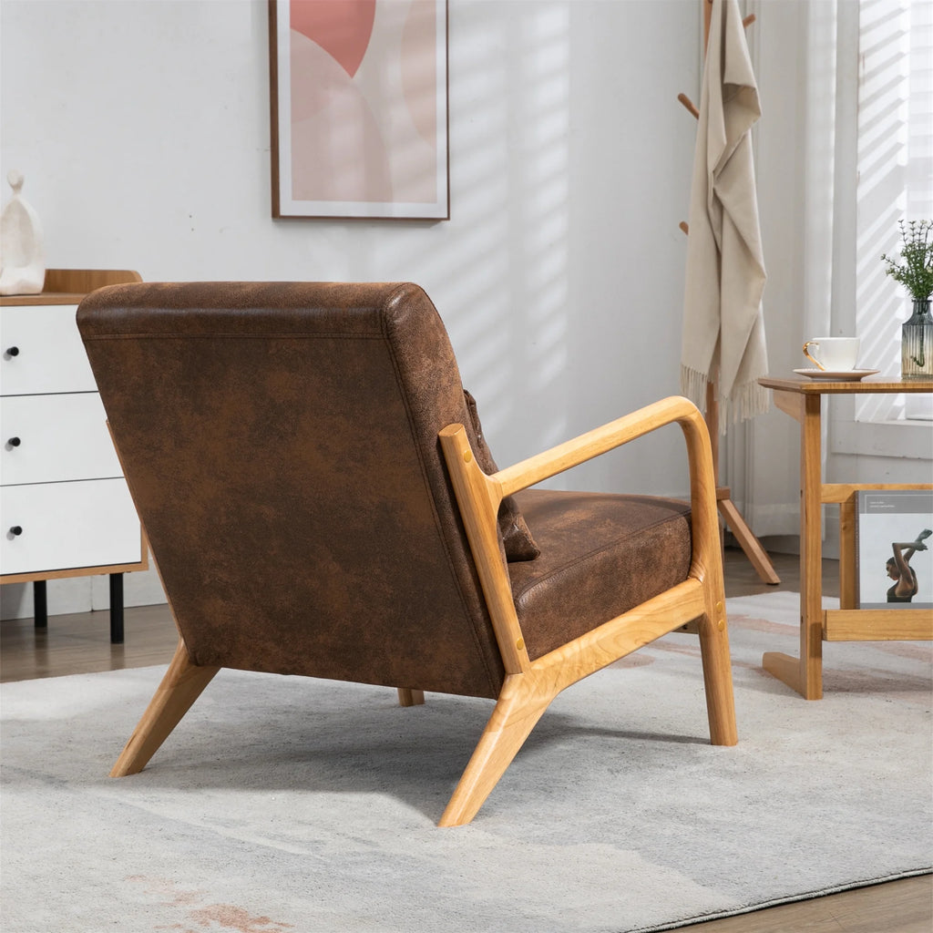 Mid Century Modern Accent Chair W/ Lumbar Pillow for Living Room, Wood Frame, Leather, Brown