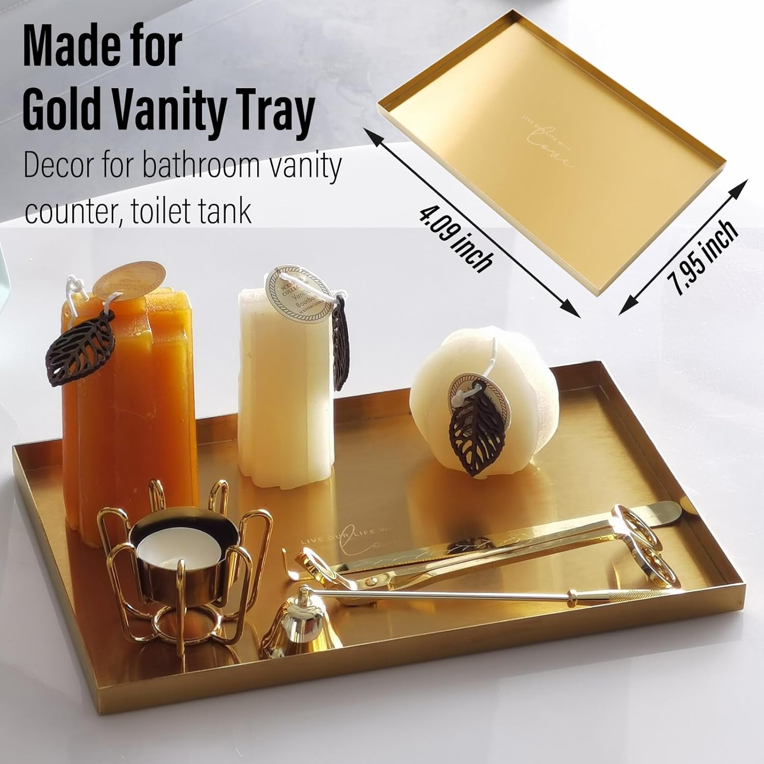 Gold Tray for Bathroom Vanity Brass Decor, Small Candle Holder, Rectangle Soap Dish, Brushed Square Plate, Coffee Table Toilet Back Modern Antique, 8''X12''