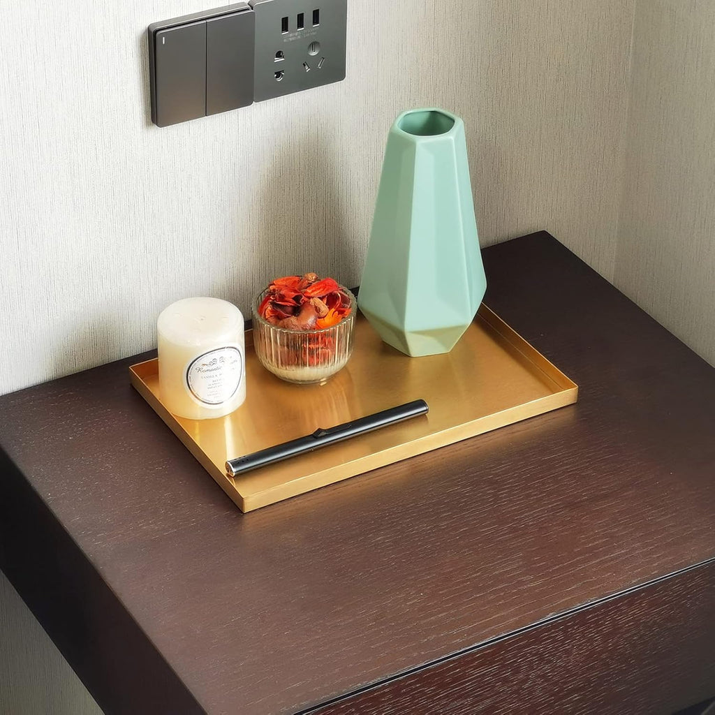 Gold Tray for Bathroom Vanity Brass Decor, Small Candle Holder, Rectangle Soap Dish, Brushed Square Plate, Coffee Table Toilet Back Modern Antique, 8''X12''