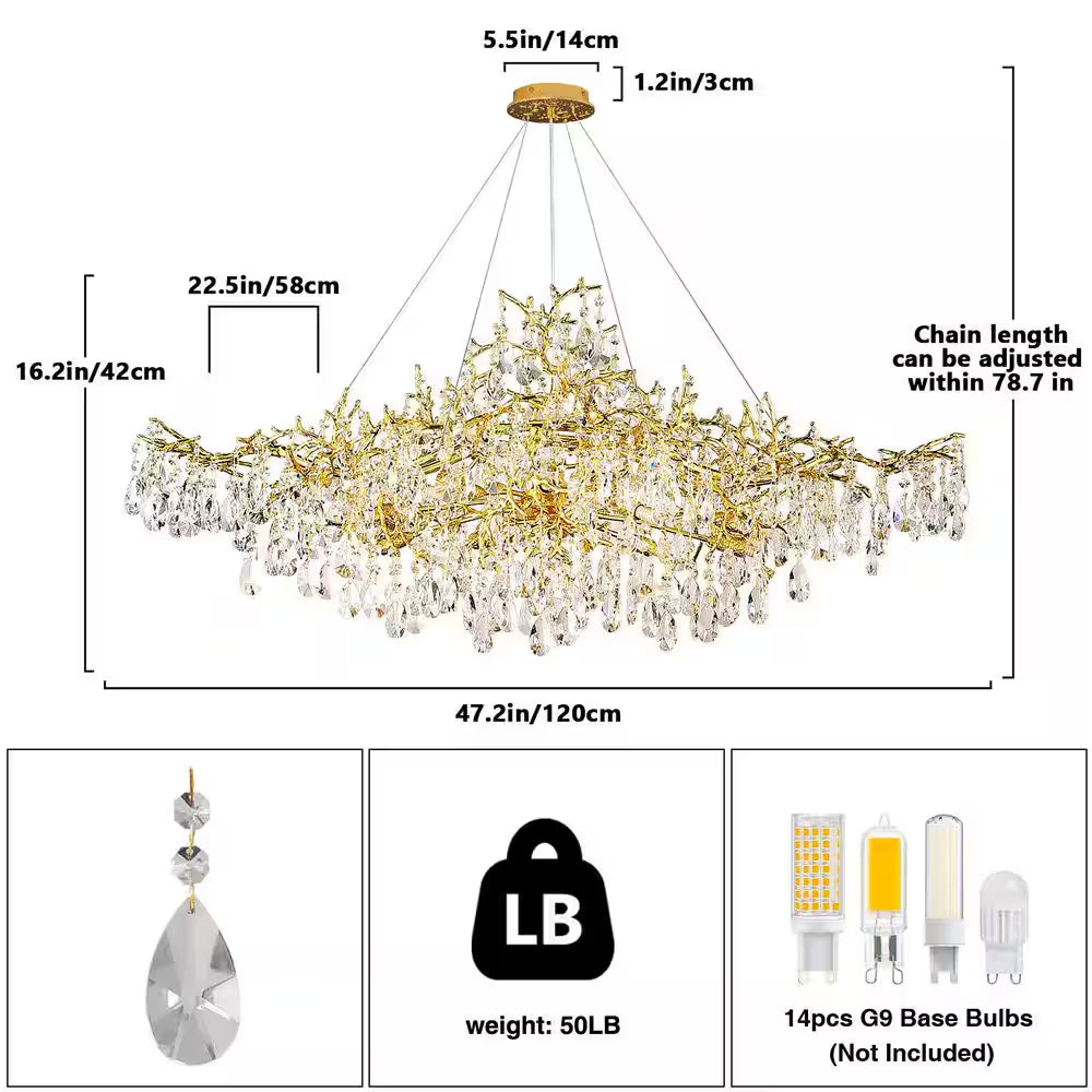 14-Lights Gold Luxury Crystal Linear Chandelier, Modern Tree Branch Chandelier for Dinning Room, Kitchen, Living Room