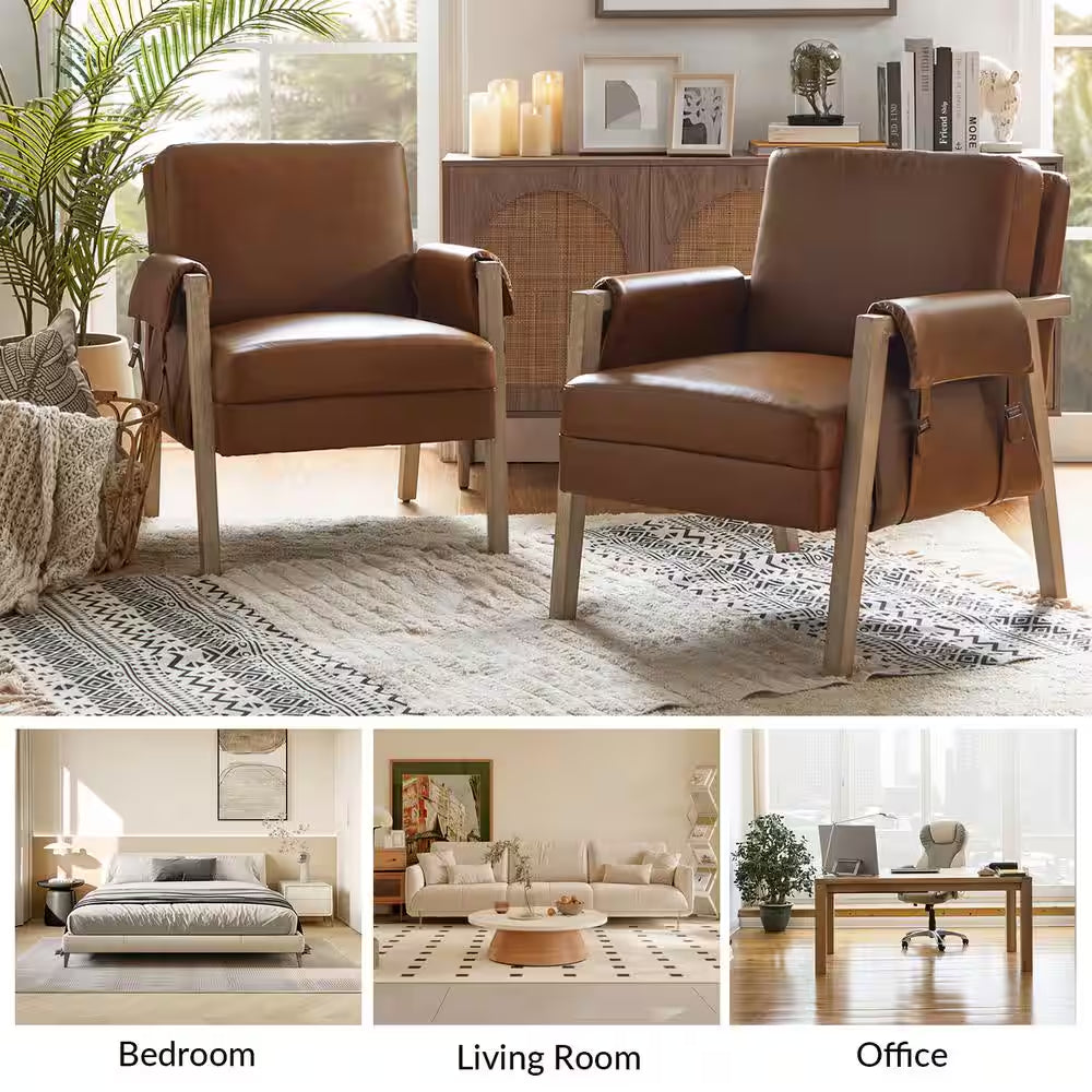 Marian Camel Comfort Faux Leather Armchair with Solid Wood Frame