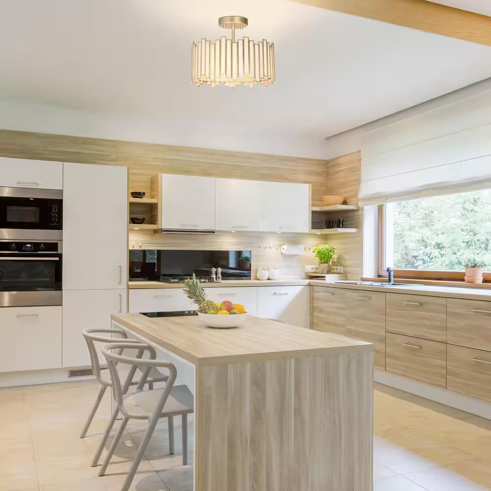 Modern 12.5 In. 3-Light Gold Drum Semi-Flush Mount with White Stained Glass Shade, LED Compatible