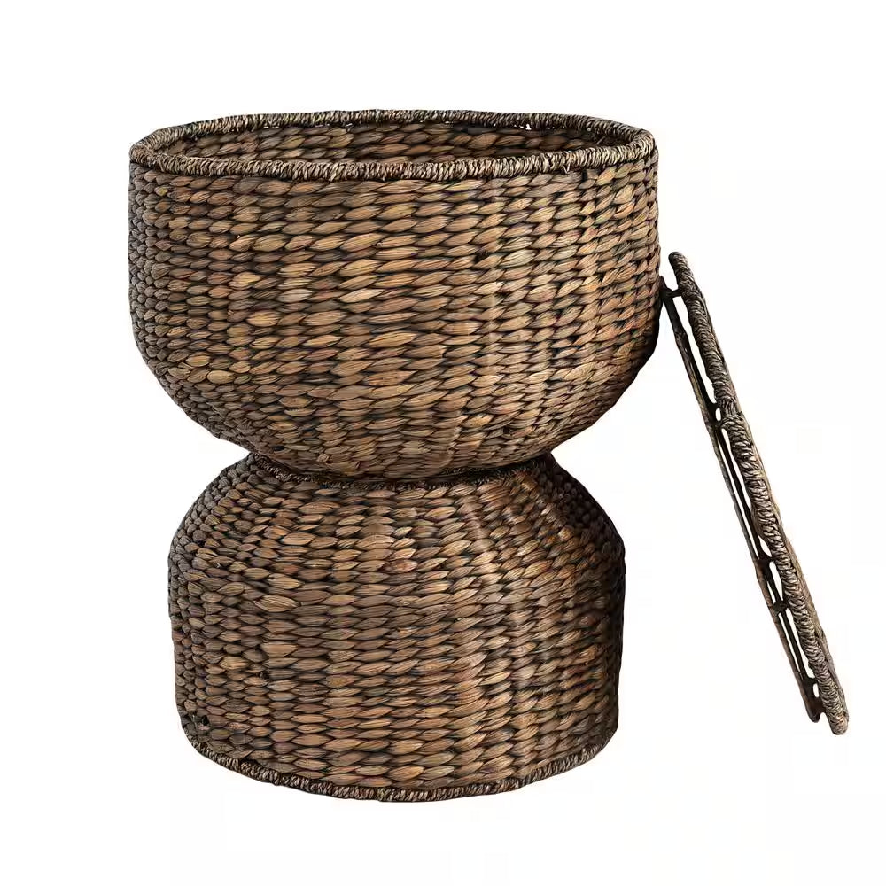Bhola 18 In. Hourglass Handwoven Hyacinth Storage Accent Table with Lid, Brown Wash