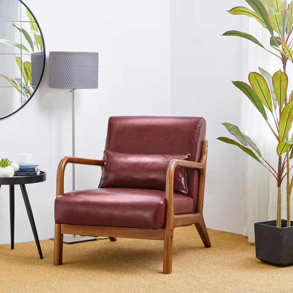 Mid-Century Modern Red Leatherette Accent Armchair with Walnut Ruber Wood Frame (Set of 2)