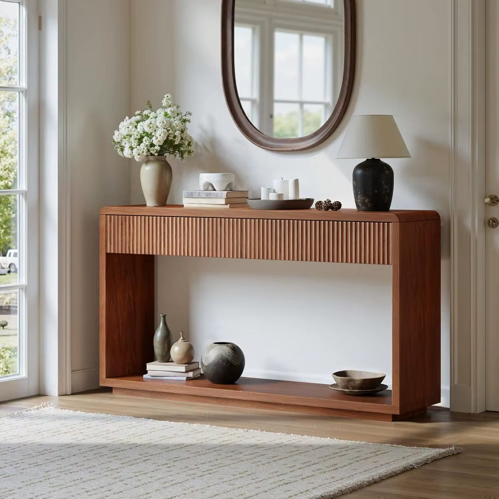 59'' Walnut Entryway Table with Drawers, Fluted Console Table, Mid Century Modern Sofa Table with Storage