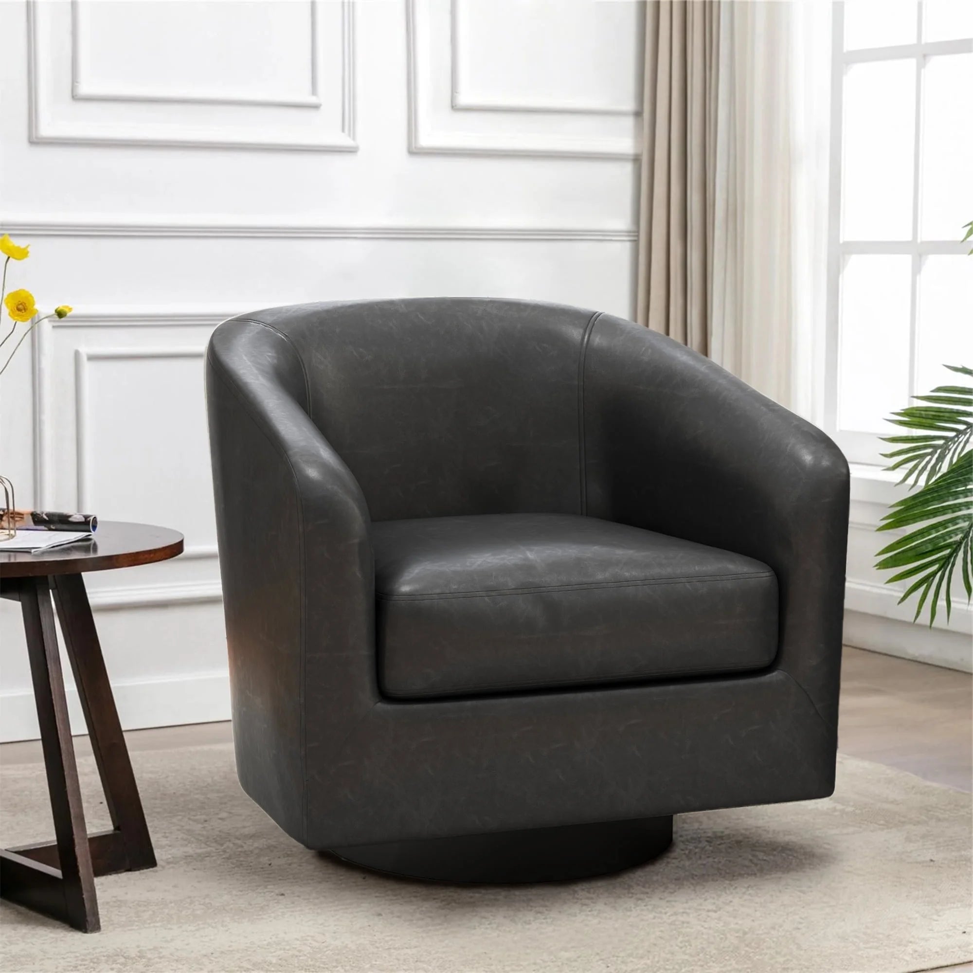 PU Leather Swivel Accent Chairs, Modern Upholstered Barrel Club Chair for Living Room, round Armchair Single Sofa, Black