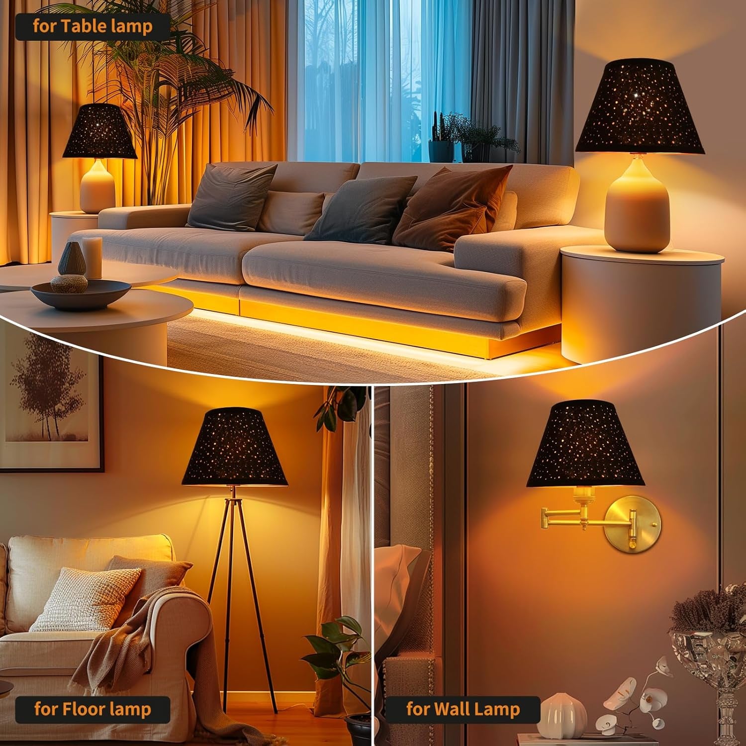 Black Lamp Shades Set of 2, Barrel Lampshade with Sky Stars Design, 7X13X9 Inch Lamphades for Table Floor Lamp, Easy Assembly Required Fabric Lamp Cover, Lamp Shade Harp Holder Included