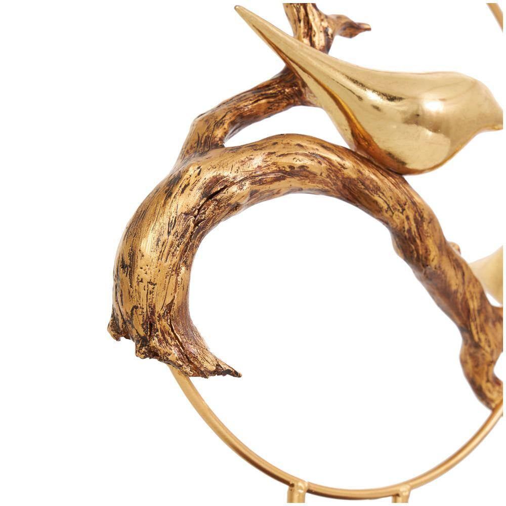 Gold Poly Stone Family on a Branch Bird Sculpture with Brown Block Base