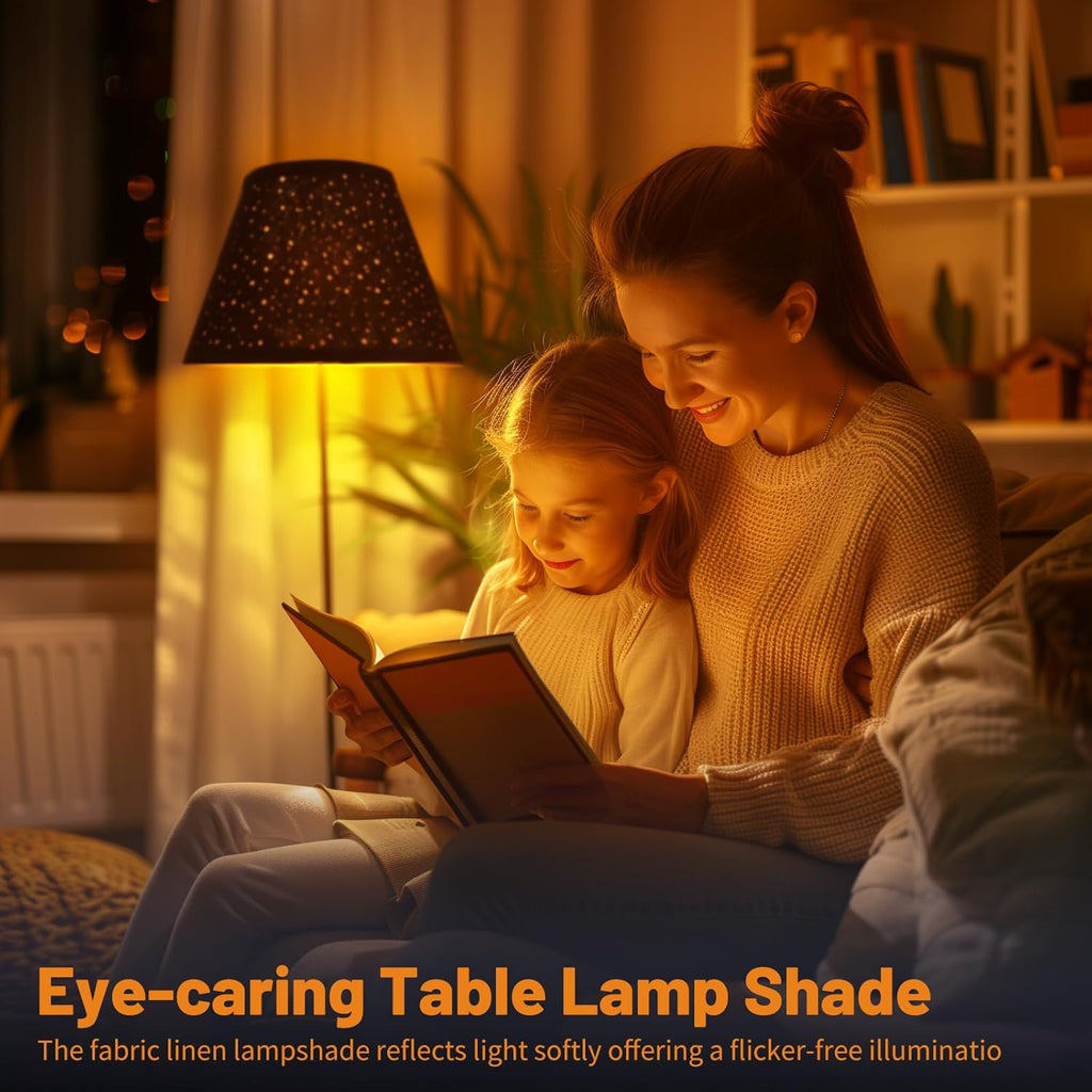 Black Lamp Shades Set of 2, Barrel Lampshade with Sky Stars Design, 7X13X9 Inch Lamphades for Table Floor Lamp, Easy Assembly Required Fabric Lamp Cover, Lamp Shade Harp Holder Included