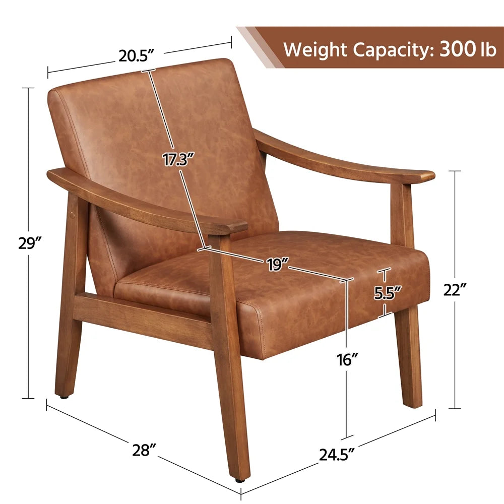 2Pcs Mid-Century Upholstered Faux Leather Armchair with Solid Wood Legs, Light Brown
